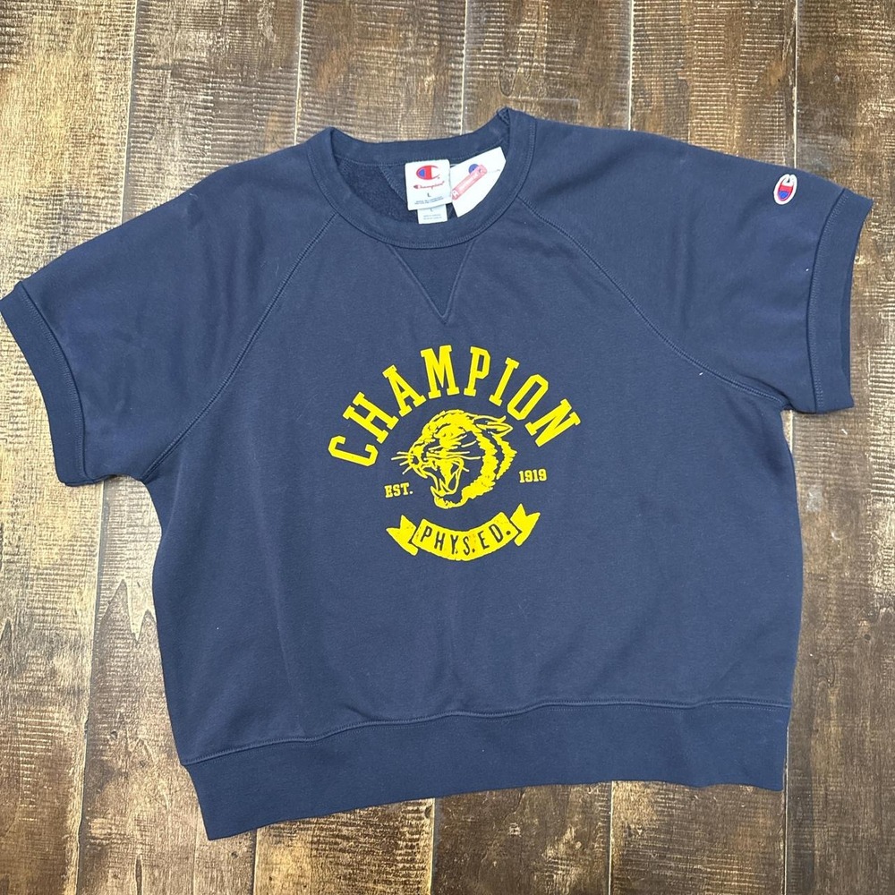 Champion Navy Blue Short Sleeved Crewneck Sweatshirt with Yellow Logo
